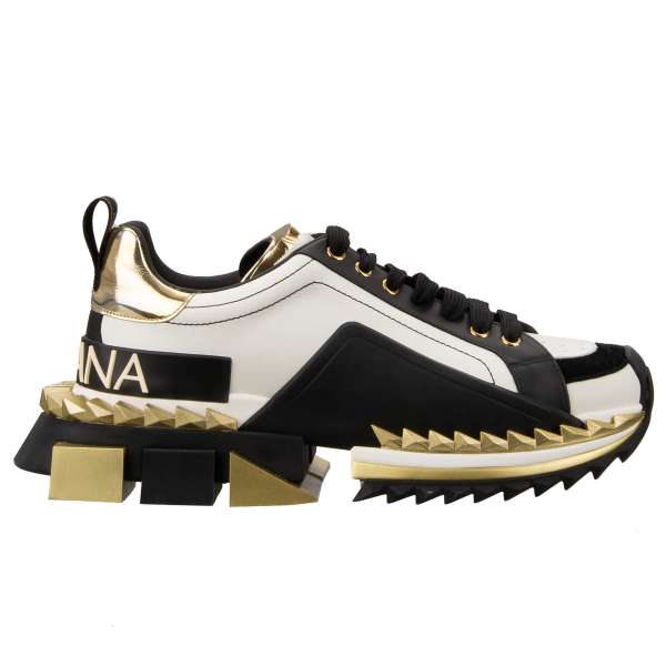 Lace-Up Sneaker SUPER KING for men with platform and DG logo in white, gold and black by DOLCE & GABBANA