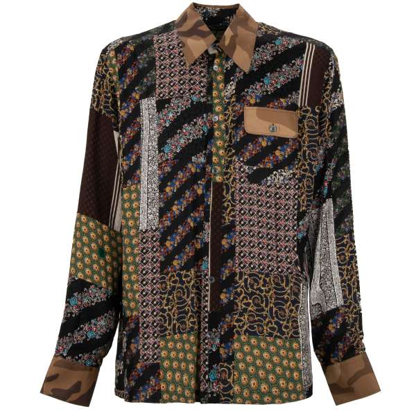 Limited Edition floral silk shirt with patchwork design in brown and black by DOLCE & GABBANA 