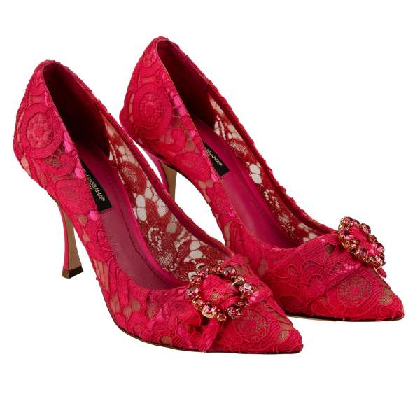 Taormina lace pointed Pumps LORI with crystals brooch and silk heel in pink by DOLCE & GABBANA