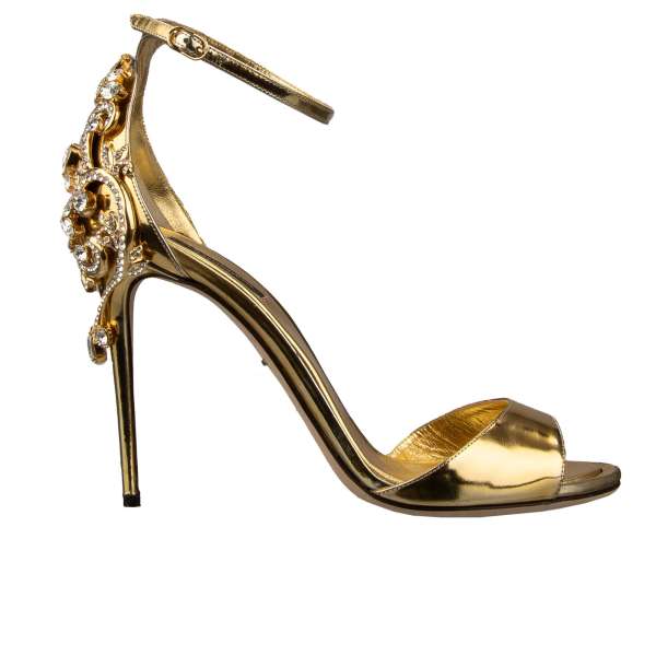 Leather Heels Sandals SPECCHIO with crystal and brass mbellished heels roses in gold by DOLCE & GABBANA