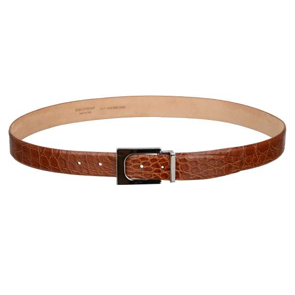 Crocodile Leather belt with silver metal buckle in brown by DOLCE & GABBANA