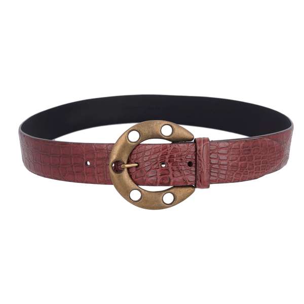 Crocodile Leather belt with ring metal buckle in bordeaux by DOLCE & GABBANA