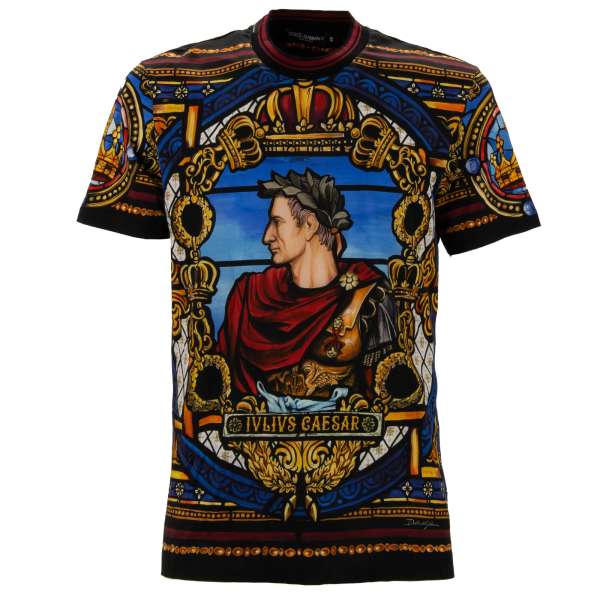 Baumwolle T-Shirt mit Julius Cäsar Print und gerippten Elementen in Blau, Schwarz und Gold von DOLCE & GABBANA