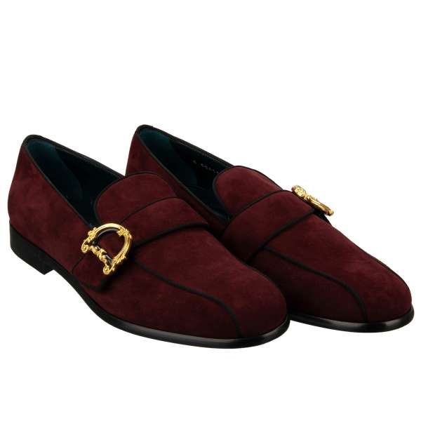 DG Baroque logo buckle embellished loafer shoes MILANO made of goat suede leather in bordeaux by DOLCE & GABBANA