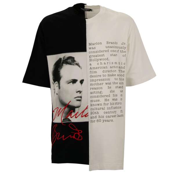 Cotton T-Shirt with Marlon Brando Picture print patch, embroidered signature and patched text in front and on the back in black and white by DOLCE & GABBANA