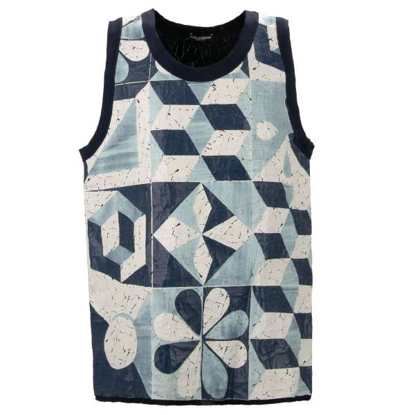 One of a Kind Baumwolle Tank Top mit Gio Ponti Design Motiv rissiger Farbe in Blau und Weiß von DOLCE & GABBANA