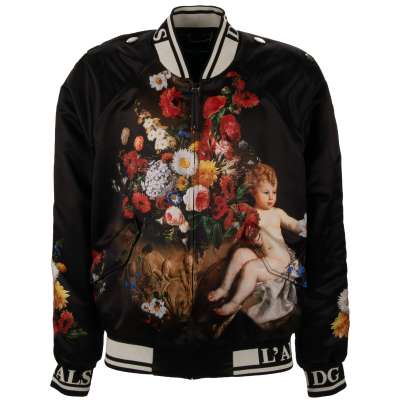 Weit Geschnittene Barock Jacke mit Engel und Blumen Print Schwarz 