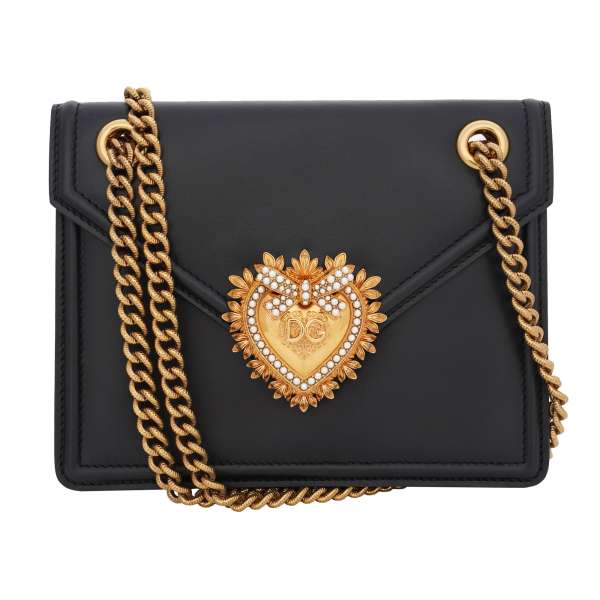 Crossbody Bag / Clutch DEVOTION Medium made of calf leather with jeweled heart buckle with DG Logo and structured metal chain strap by DOLCE & GABBANA