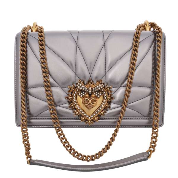 Nappa Leather Crossbody Bag DEVOTION Medium with jeweled heart buckle with DG Logo and structured metal chain strap by DOLCE & GABBANA