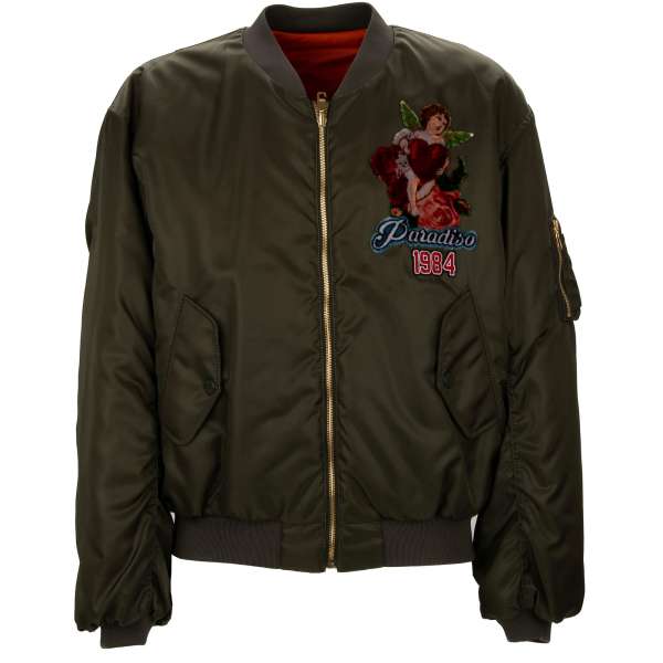 Padded reversible Oversize bomber jacket "Paradise" with embroidered angel applic in khaki-green and orange by DOLCE & GABBANA