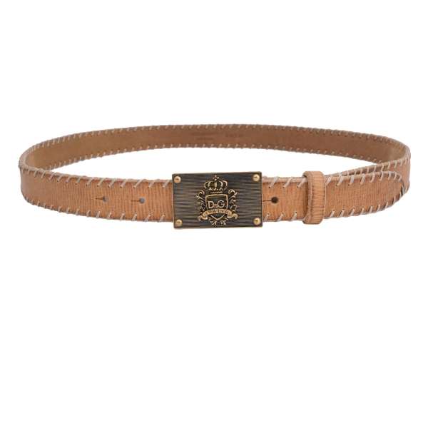 Leather belt with DG Logo Crown metal buckle and side stitching in beige by DOLCE & GABBANA