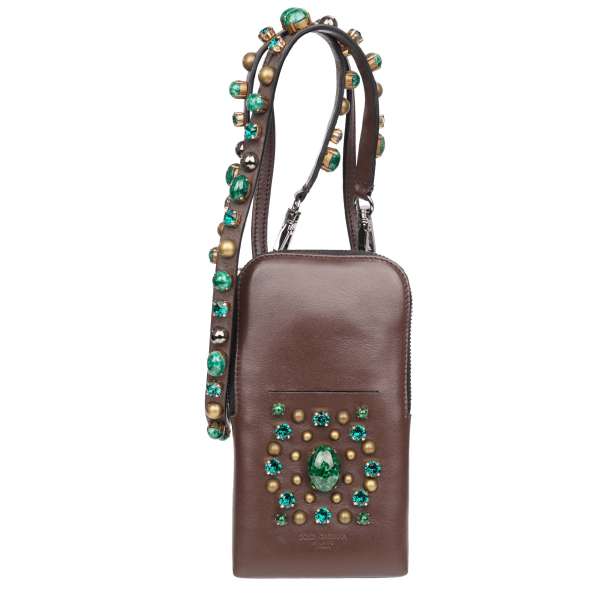 Unisex leather phone bag / shoulder bag with pearls and crystals embellishments and detachable strap in brown by DOLCE & GABBANA