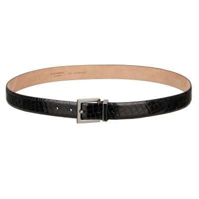 Silver Metal Buckle Glossy Croco Leather Belt Black 95 38