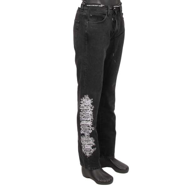  Rare 5-pockets Gothic Slim Back Dart Jeans with embroidery and metal logo plate by OFF-WHITE c/o Virgil Abloh