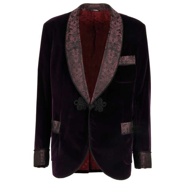 Blumen Jacquard Sakko / Tuxedo Blazer im Barock-Stil mit Seil-Verschluss, rundem Revers, Manschetten und Taschen in Grau von DOLCE & GABBANA