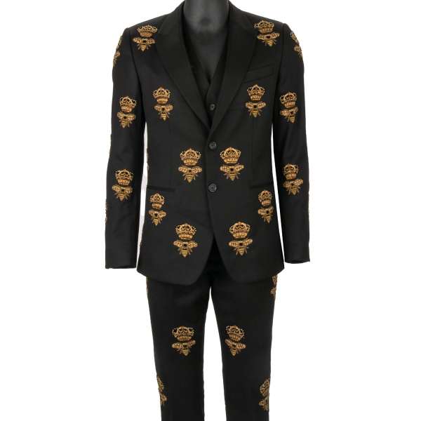 3 piece suit, jacket, waistcoat, pants with goldwork hand-embroidered crystal crown Napoleon bees and peak lapel in gold and black by DOLCE & GABBANA 