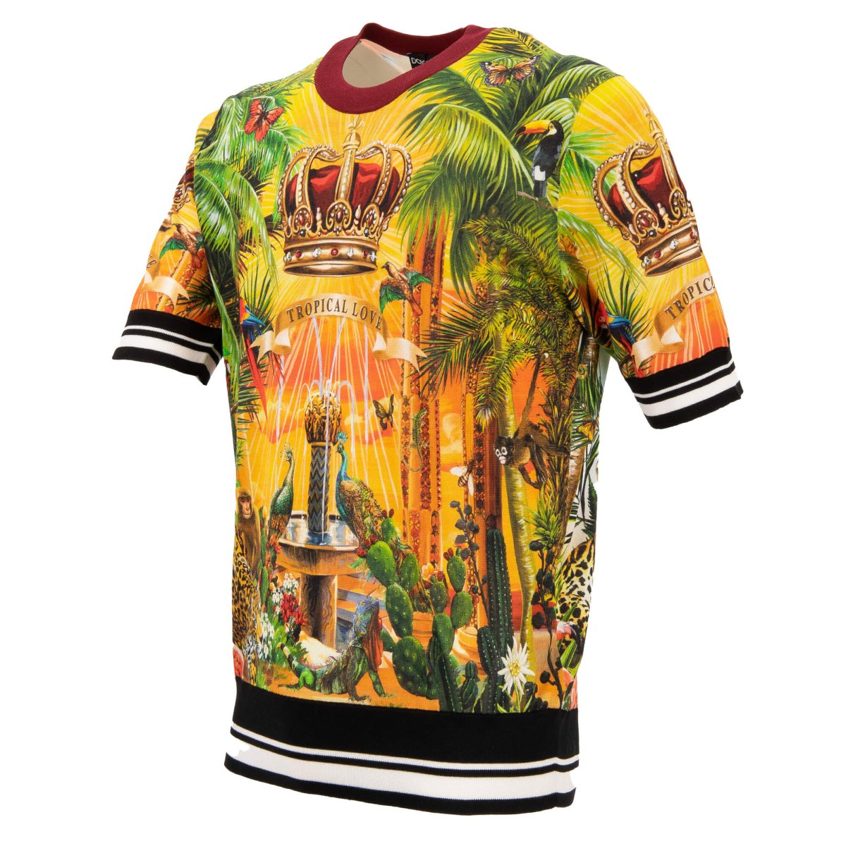 Dolce Gabbana Crown Heart Tropical Print Silk T Shirt Yellow Green Orange FASHION ROOMS