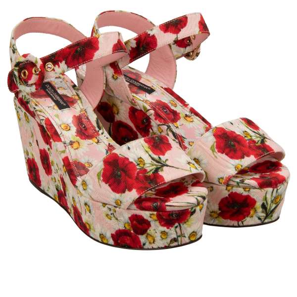 Poppy daisy flower printed fabric platform wedge sandals BIANCA in pink and red by DOLCE & GABBANA