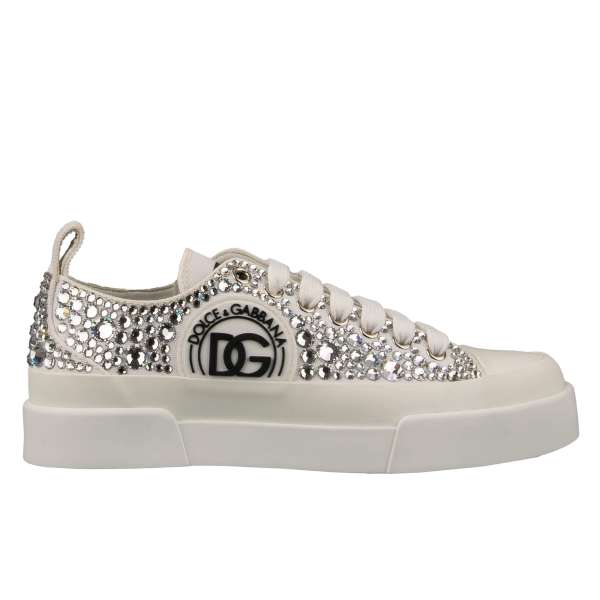 Women Canvas Sneaker PORTOFINO with crystal embellishments and DG Logo in white by DOLCE & GABBANA