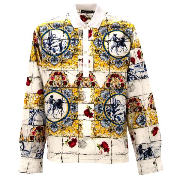 Oversize cotton poloshirt / shirt with majolica print in bleu, yellow and white by DOLCE & GABBANA