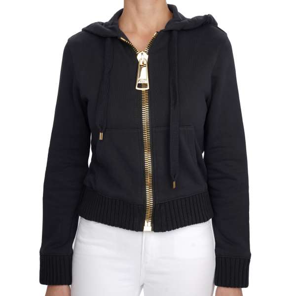 Sweatshirt / hoody with big zip logo closure in black and gold by MOSCHINO COUTURE