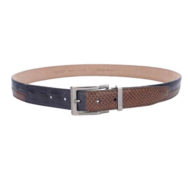 Crocodile and Snake Leather belt with silver metal buckle in brown and blue by DOLCE & GABBANA