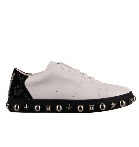 Low-Top Sneaker in white, black and red with crystals embellished Plein and Playboy logos, studded sole and tongue with Philipp Plein metal logo by PHILIPP PLEIN X PLAYBOY