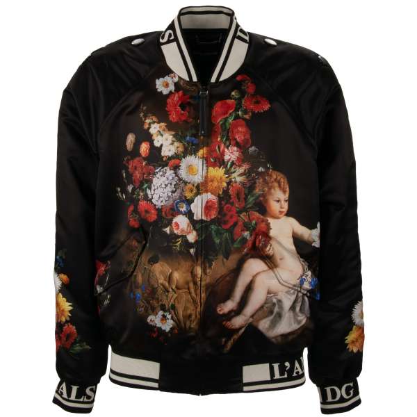 Weit geschnittene, gefütterte Barock Jacke mit Engel und Blumen Print in Schwarz von DOLCE & GABBANA