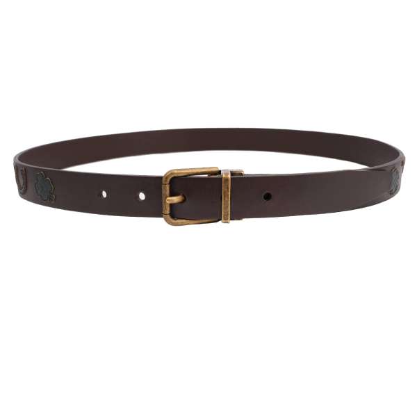 Leather belt with decorative shamrock, gun and horseshoe patches in brown by DOLCE & GABBANA