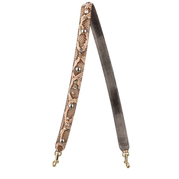 Snake and Lizzard Pattern calf leather bag Strap / Handle with crystals and studs applications in beige by DOLCE & GABBANA