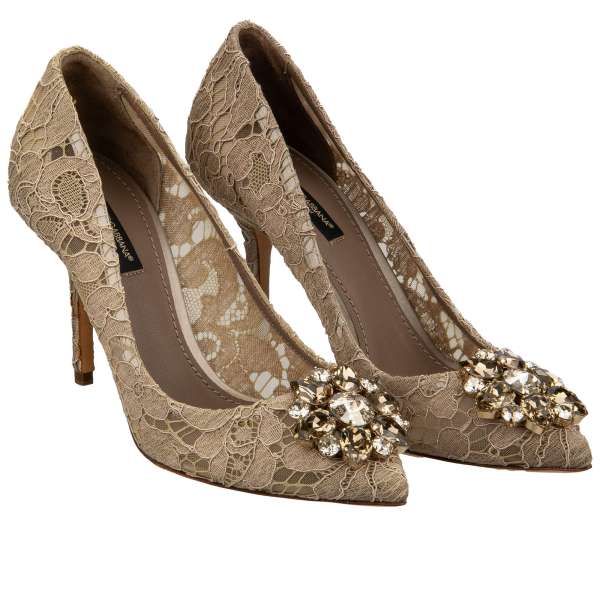 Taormina lace pointed Pumps BELLUCCI with crystals brooch in beige by DOLCE & GABBANA