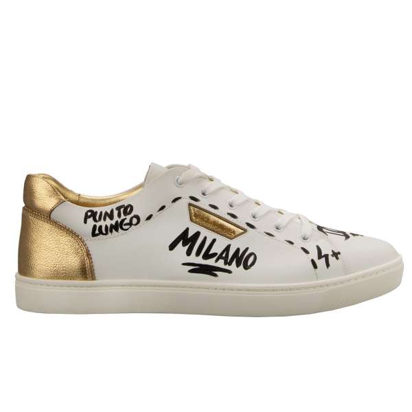 Low Top Herren Leder Sneaker LONDON mit DG Logo bemahlten Elementen in Weiß und Gold von DOLCE & GABBANA