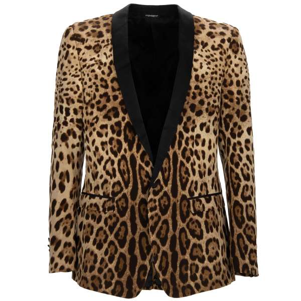 Leopard Print Sakko / Blazer aus Seide mit rundem Revers in Braun und Schwarz von DOLCE & GABBANA