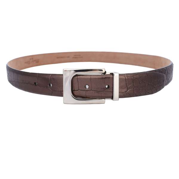 Limited Edition N.1 / 1 Crocodile Leather belt with silver metal buckle in metallic brown by DOLCE & GABBANA