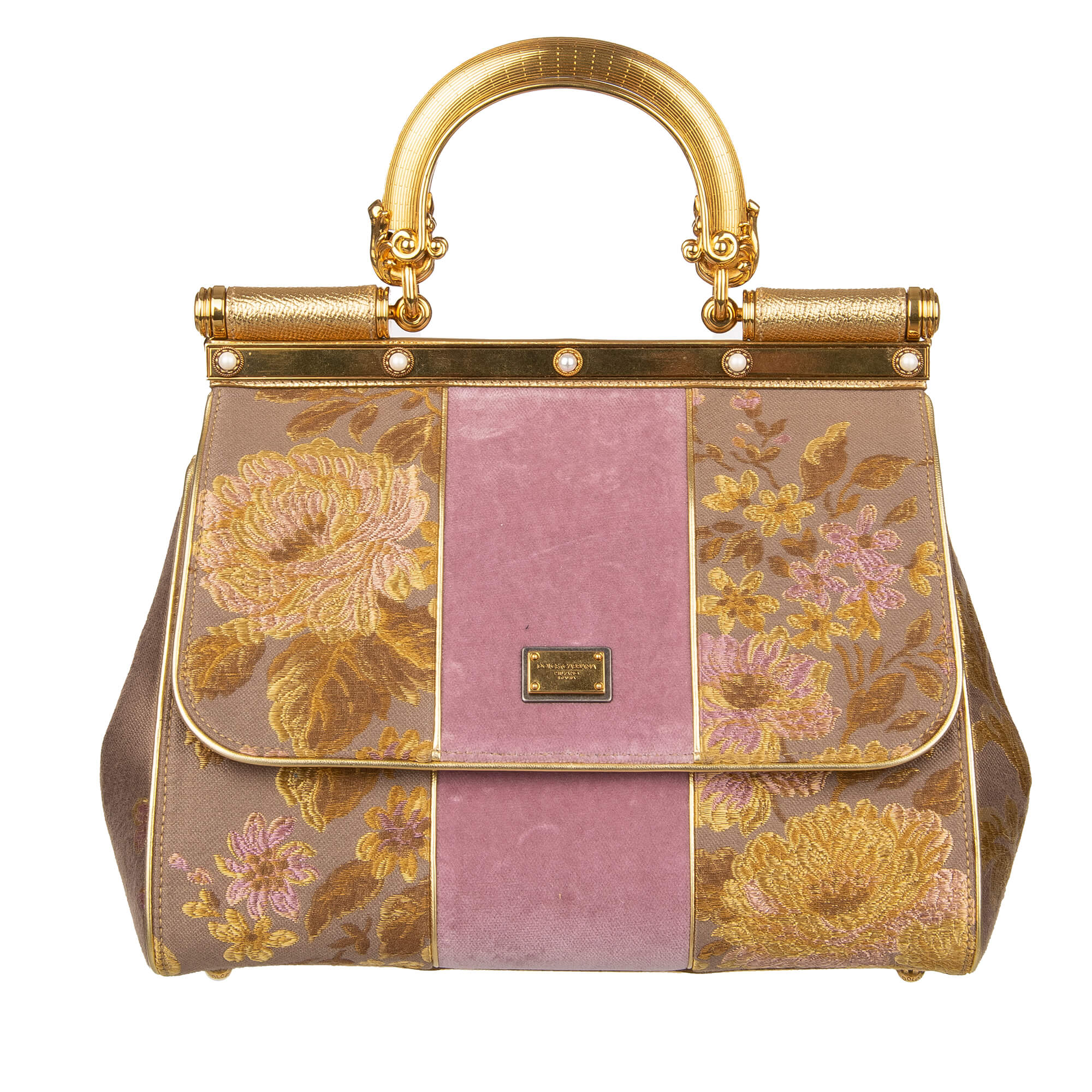 Dolce & Gabbana Floral Baroque Velvet Tote Bag SICILY with Metal Handle Gold  Pink | FASHION ROOMS