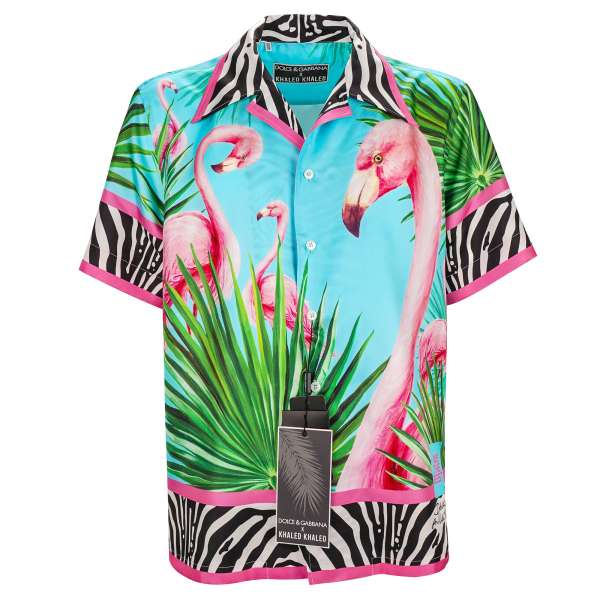 Special Edition DJ Khaled Silk Shirt with Flamingo and Zebra print and short sleeves by DOLCE & GABBANA X DJ KHALED