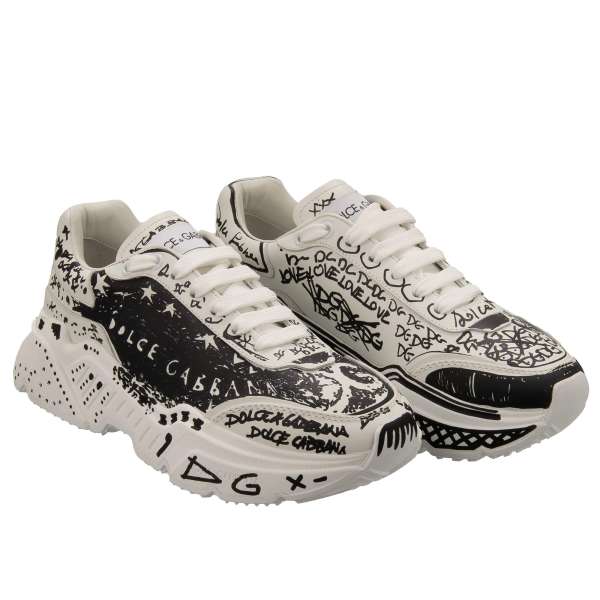 Leder Plateau Hand Painted Damen Sneaker DAYMASTER in Weiß und Schwarz von DOLCE & GABBANA