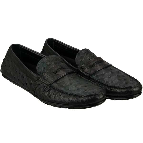 Ostrich leather loafer shoes in blue / black by DOLCE & GABBANA