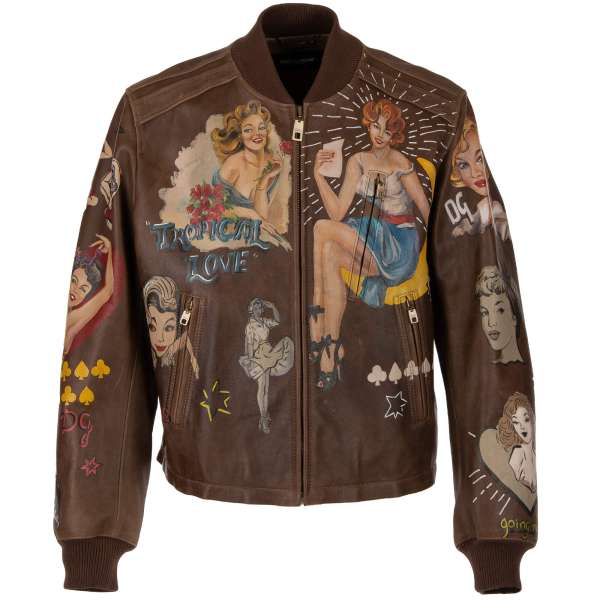 Dolce & Gabbana Hand Painted Bull Leather Jacket with Pin-Up Girls Brown |  FASHION ROOMS