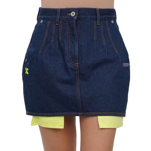 Mini Denim skirt with logo print and neon green-yellow pockets in blue by OFF-WHITE c/o Virgil Abloh