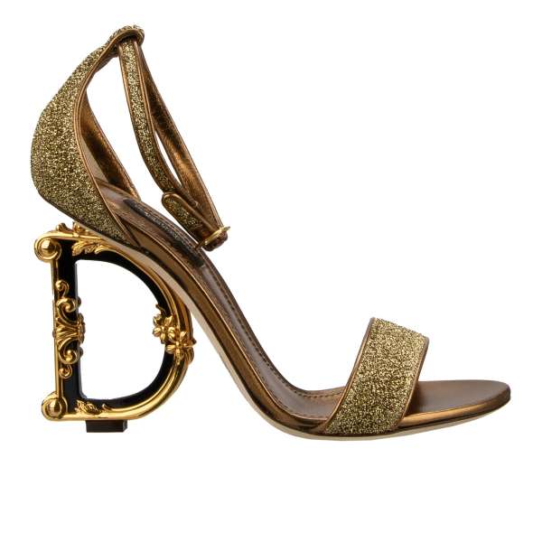 High Heel Sandalen KEIRA aus Leder und Glitter Stoff mit DG Barock Logo Absatz in Gold von DOLCE & GABBANA 