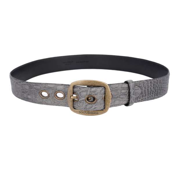 Crocodile leather belt with DG logo metal buckle in gray by DOLCE & GABBANA