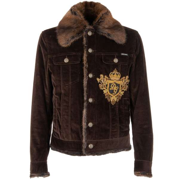 Unique Cord Jacket with real fur lining, fur collar, large embroidered DG Logo Heradlry and front pockets by DOLCE & GABBANA