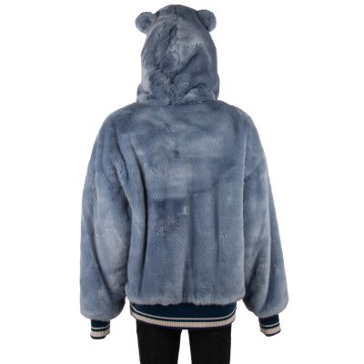 Dolce Gabbana Oversize Fake Fur Jacket with Bear Hoody and DG Logo Blue FASHION ROOMS