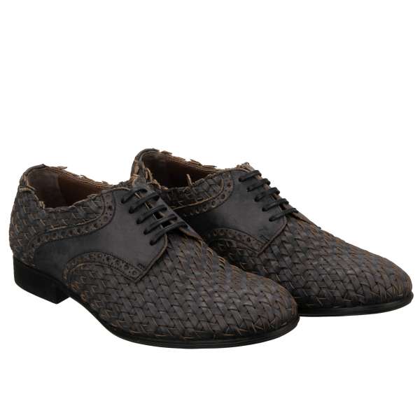 Woven leather derby shoes with lace closure in gray by DOLCE & GABBANA