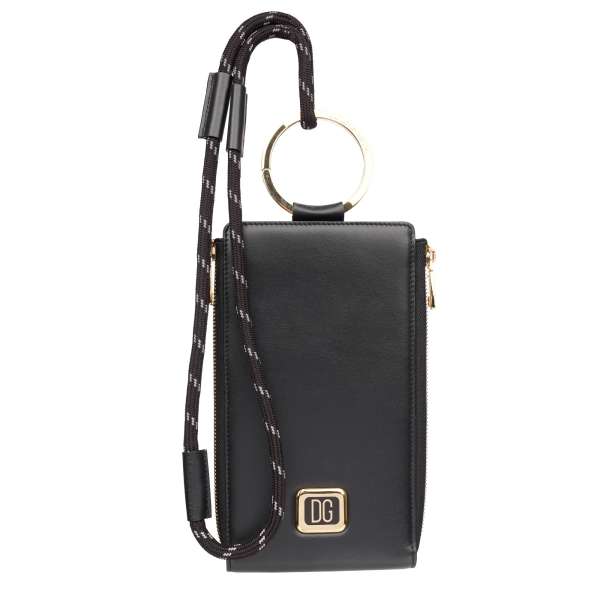 Leather wallet bag / shoulder bag with detachable ring strap and functional pockets in black by DOLCE & GABBANA