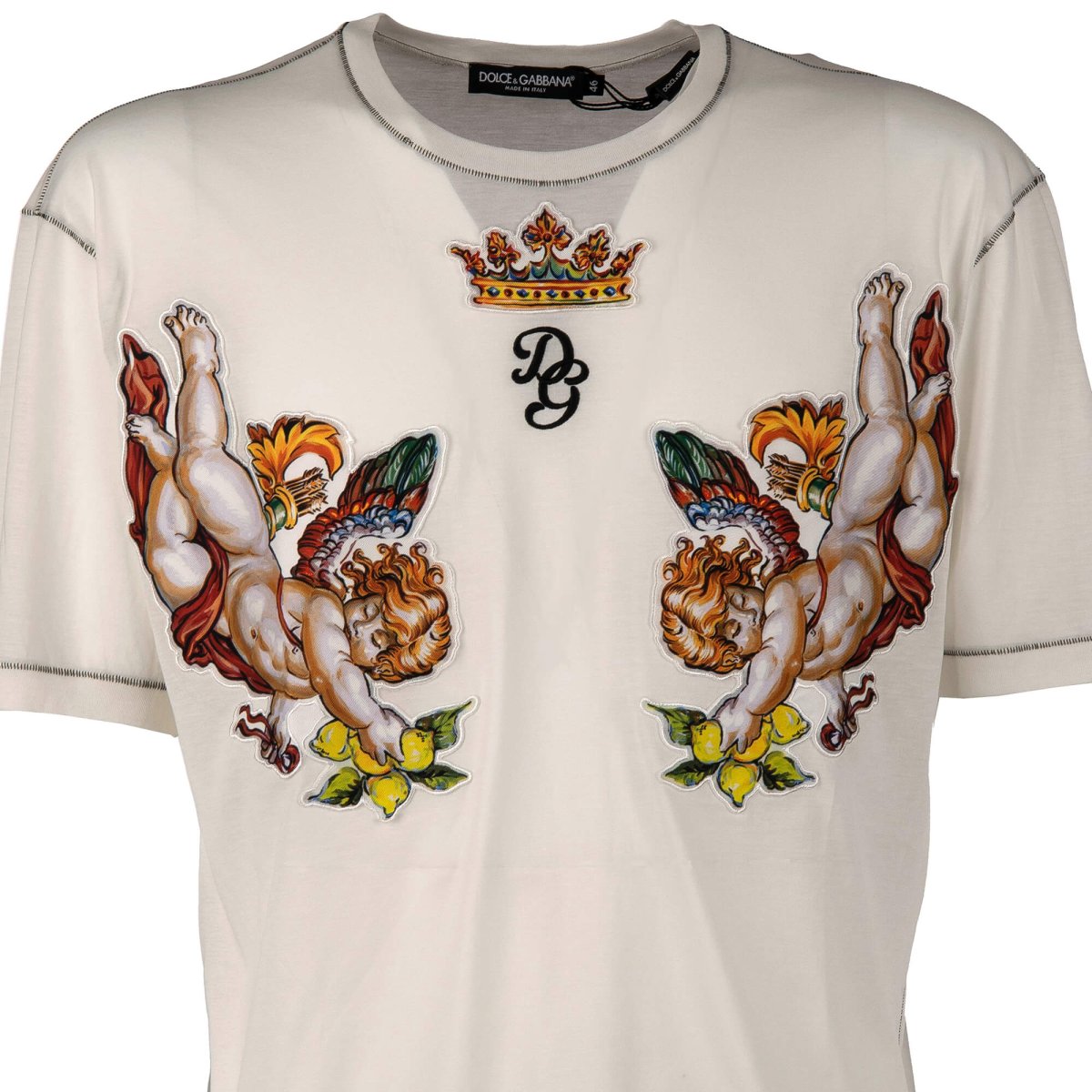 Dolce & Gabbana Cotton T-Shirt with Angel, Crown Silk Patches and Logo  White | FASHION ROOMS