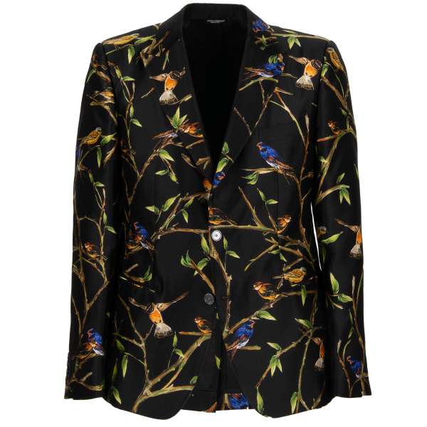 Tropical bird printed blazer / jacket made of silk with peak lapel in black by DOLCE & GABBANA