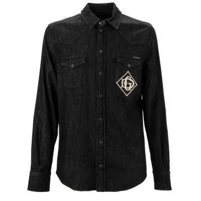 DG Logo Patch Denim Jeans Press Button Jacket Shirt Black