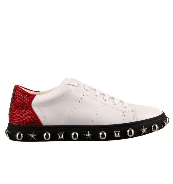 Low-Top Sneaker in white, black and red with crystals embellished Plein and Playboy logos, studded sole and tongue with Philipp Plein metal logo by PHILIPP PLEIN X PLAYBOY